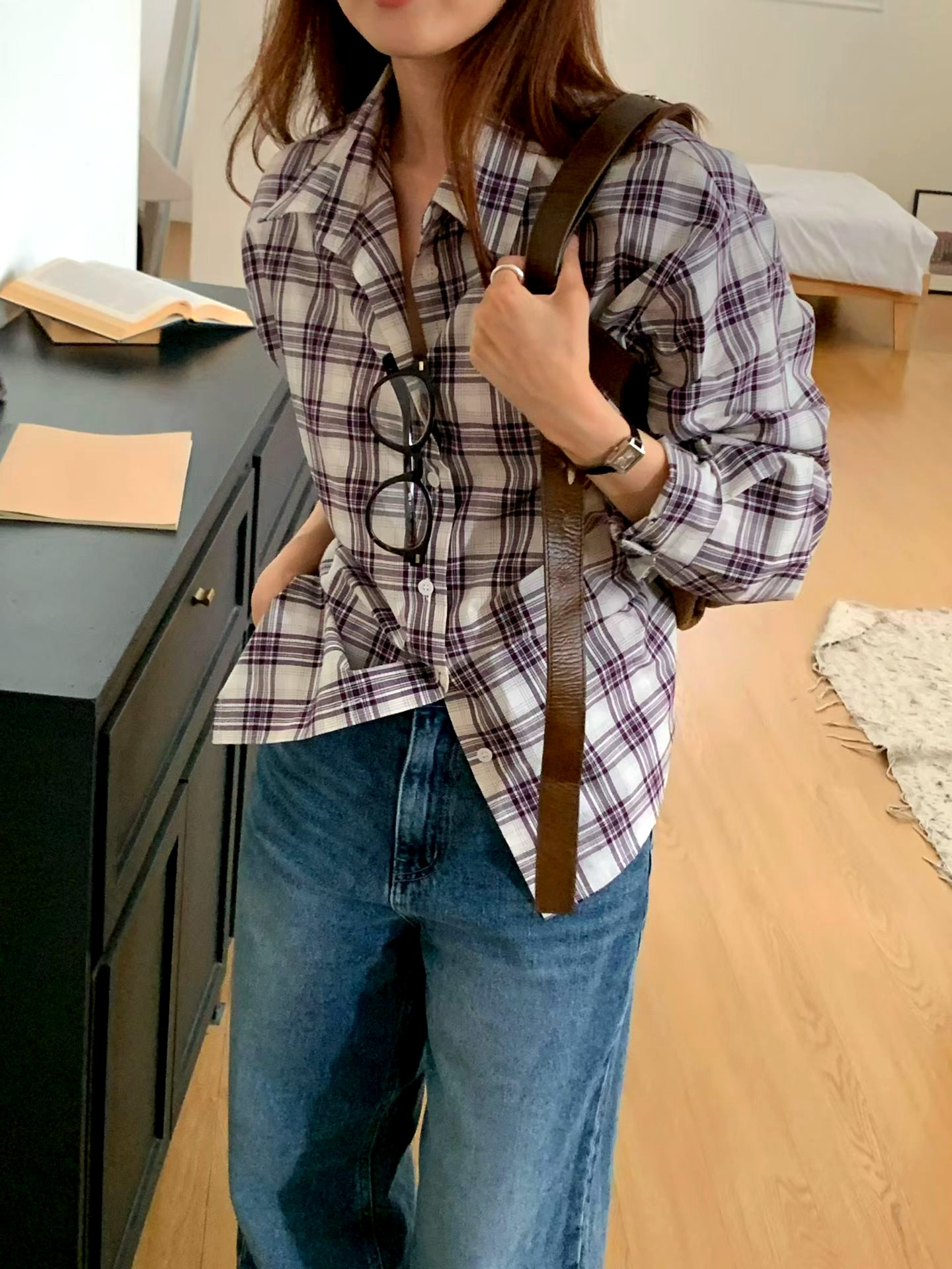 스타일리시한 체크 무늬 여성 탑 - 편안하고 캐주얼한 신상품