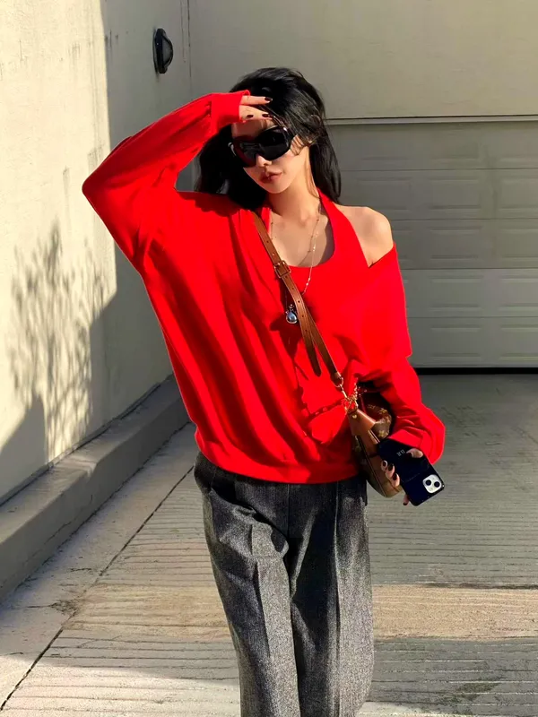 Trendy Red Knit Sweater with Comfortable Loose Fit