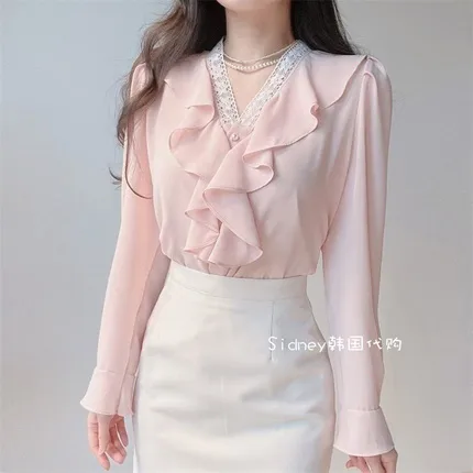 Elegant Ruffled Lace Trim Shirt