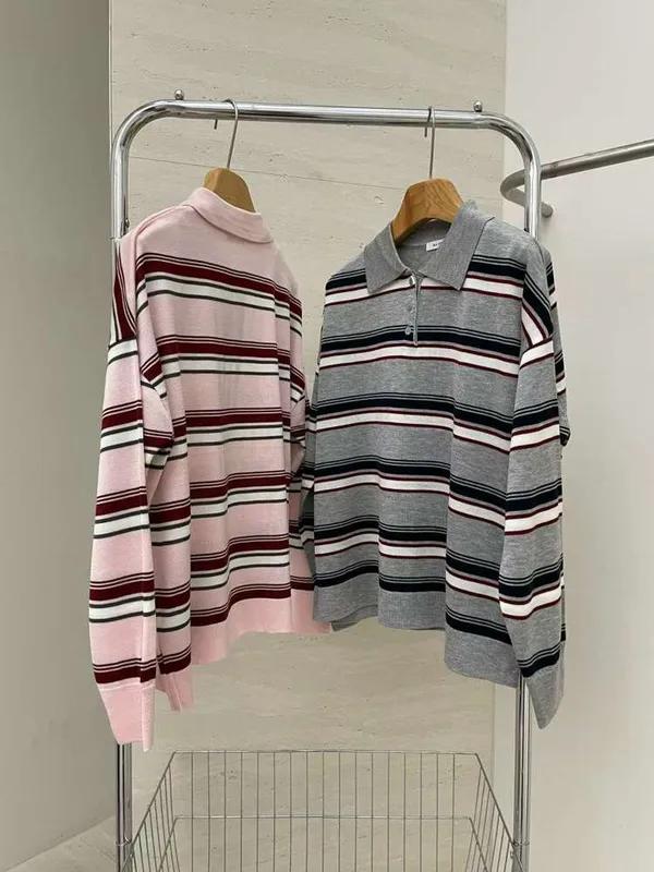 Striped Polo Long Sleeve T-Shirt, Fashionable Casual Style