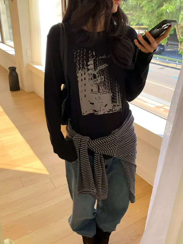 Fashionable Printed Long Sleeve T-Shirt, Comfortable Casual Style