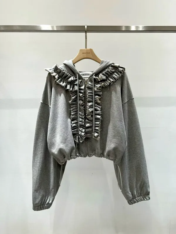 Stylish Gray Lace Trim Hooded Jacket - Comfortable and Versatile