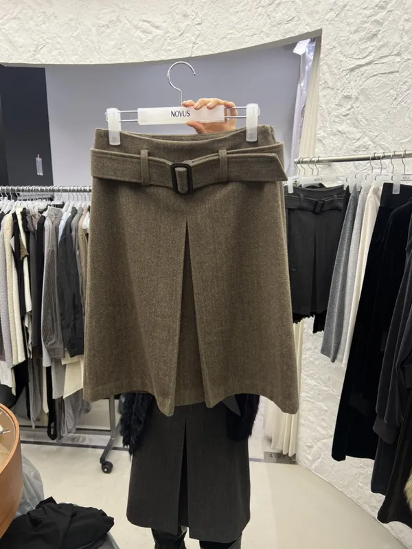 Elegant High-Waisted Woolen Midi Skirt