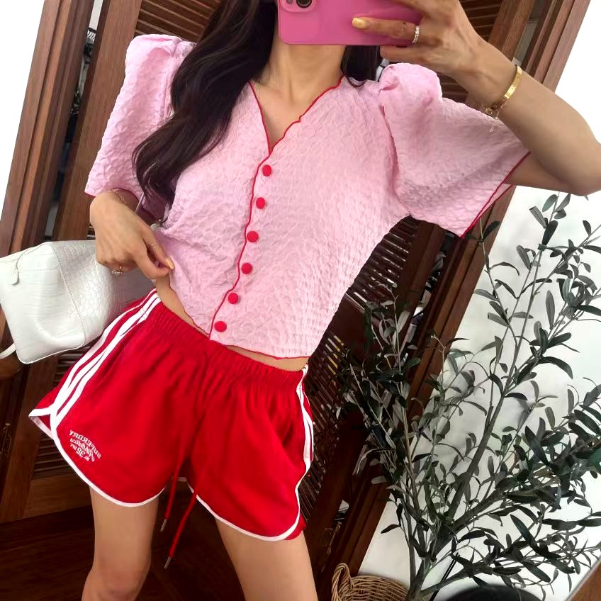 달콤한 핑크 퍼프 슬리브 탑, 패셔너블하고 다재다능한
