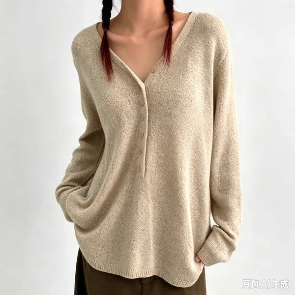 Comfortable Casual Women's Top with V-Neck Design for Spring and Autumn