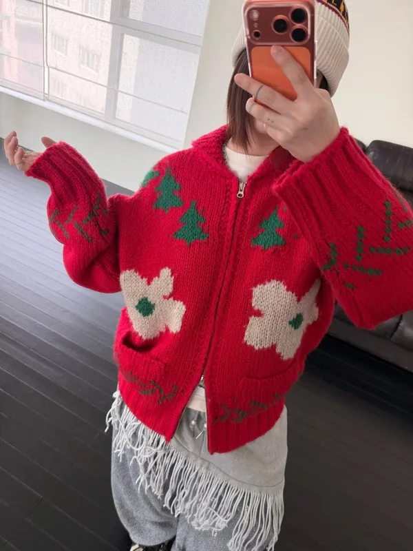 Vibrant Red Floral Knit Cardigan