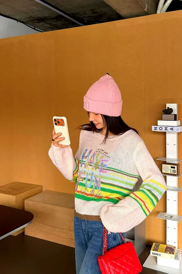 Colorful Striped Letter Embroidered Casual T-Shirt, Effortlessly Stylish