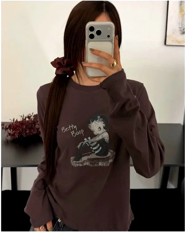 Vintage Style Betty Boop Printed Long Sleeve Top