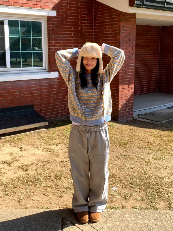 時尚休閒女裝套裝，舒適寬松針織外套+運動褲