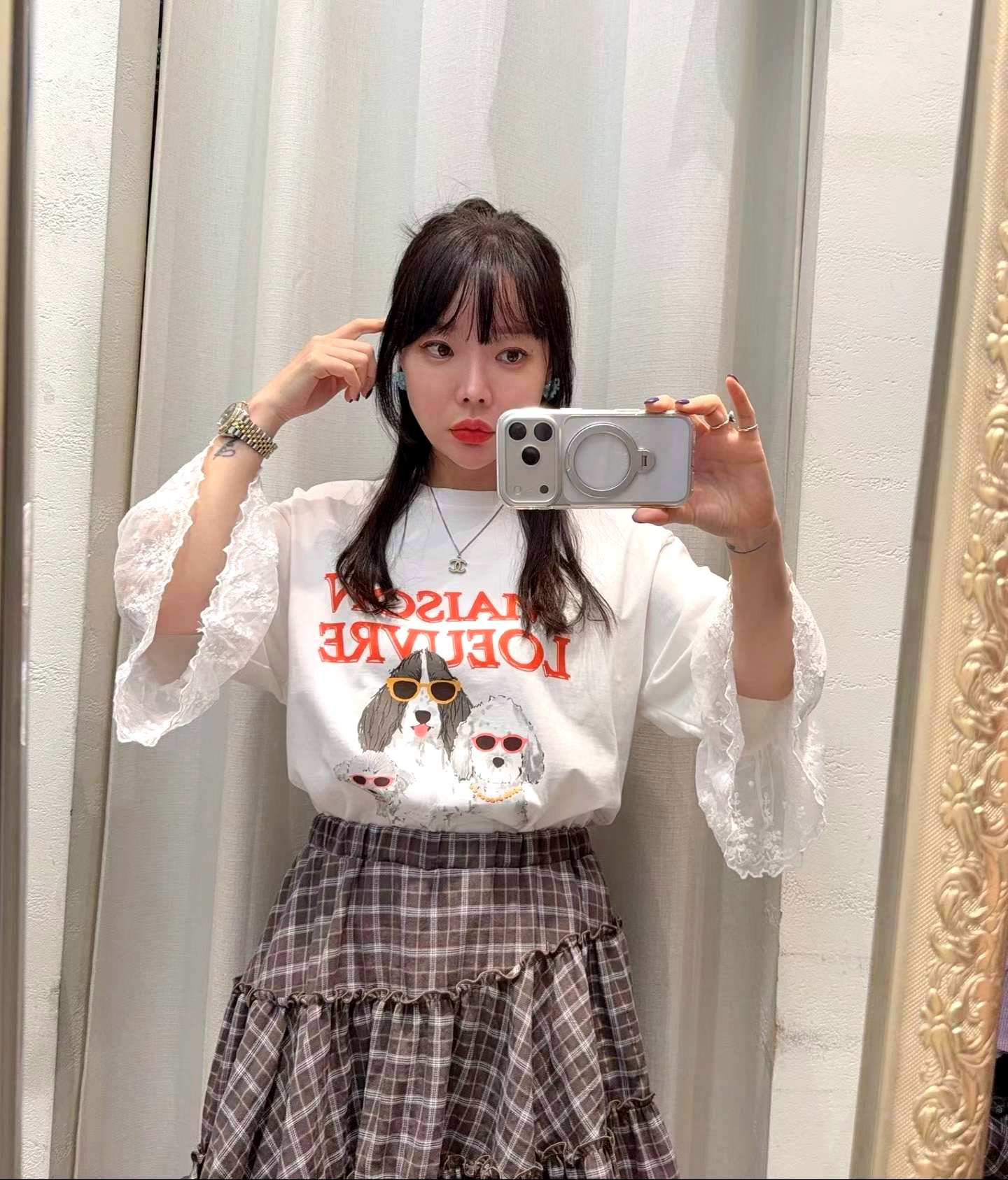 패셔너블하고 귀여운 레이스 소매 프린트 티셔츠