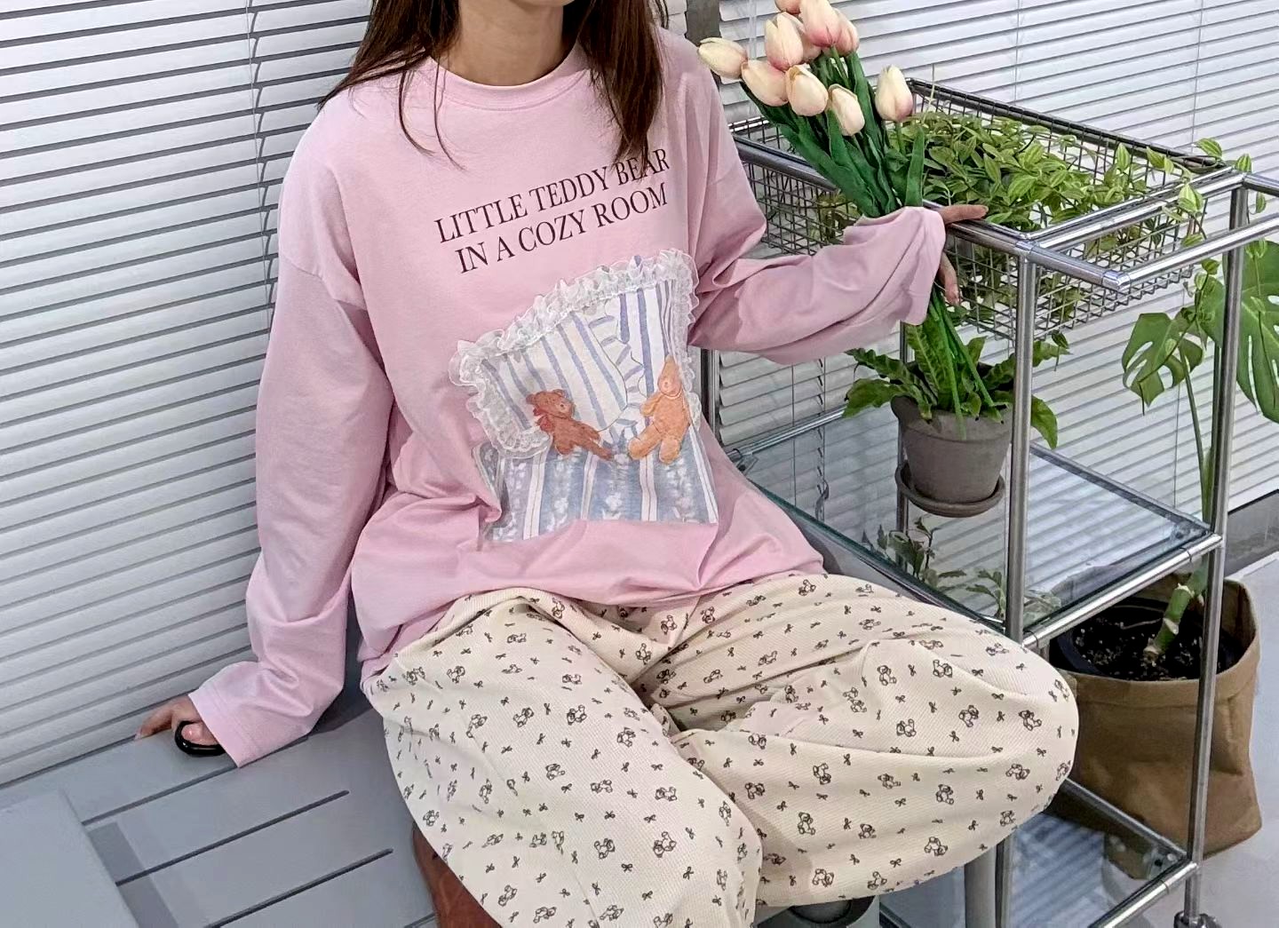 귀여운 만화 프린트 긴팔 티셔츠, 편안한 캐주얼 스타일