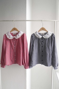 귀여운 체크 셔츠, 레이스 칼라 디자인, 패셔너블하고 다재다능