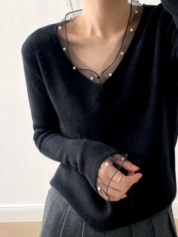 Elegant Black V-Neck Pearl-Embellished Top