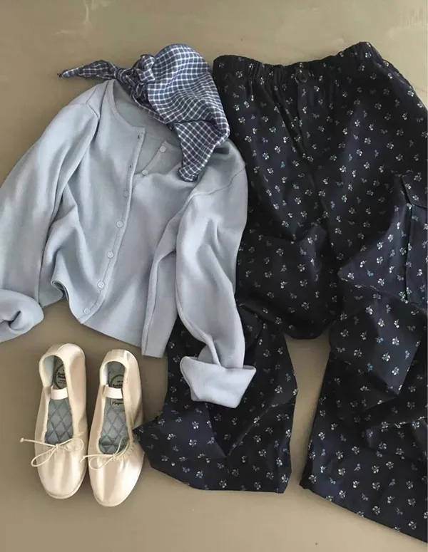 Elegant Blue Cardigan Paired with Floral Pants