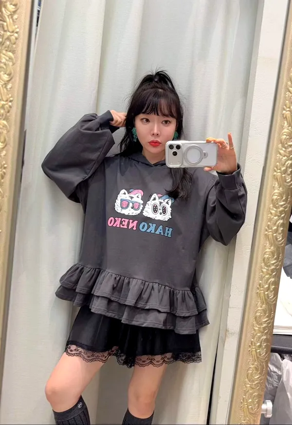 Cute Cartoon Pattern Hoodie with Sweet Ruffle Design