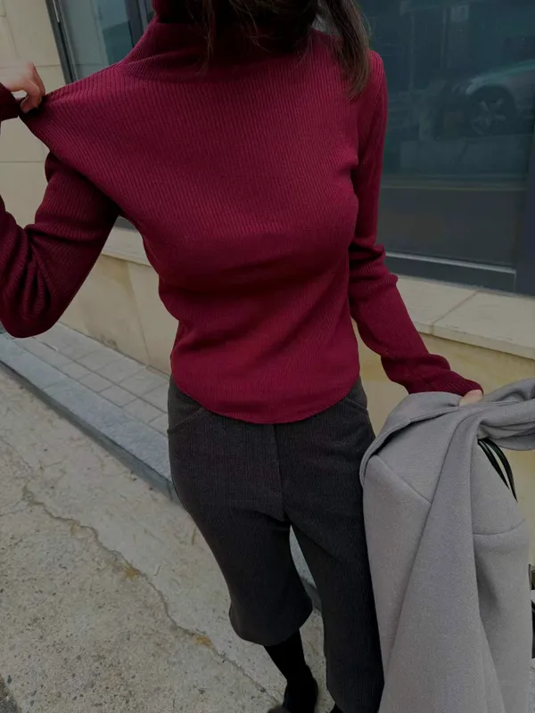 Stylish Slim-Fit High Neck Long Sleeve T-Shirt, Elegant Charm