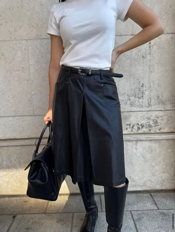 Stylish Black Leather Midi Skirt - Show Off Your Elegant Charm