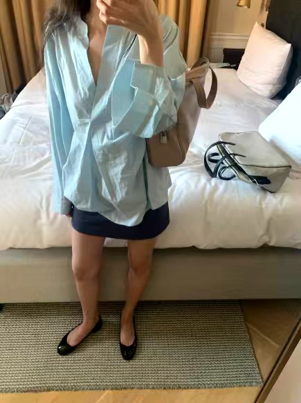 상쾌한 블루 여성 드레스, 우아하고 편안한 maybebaby