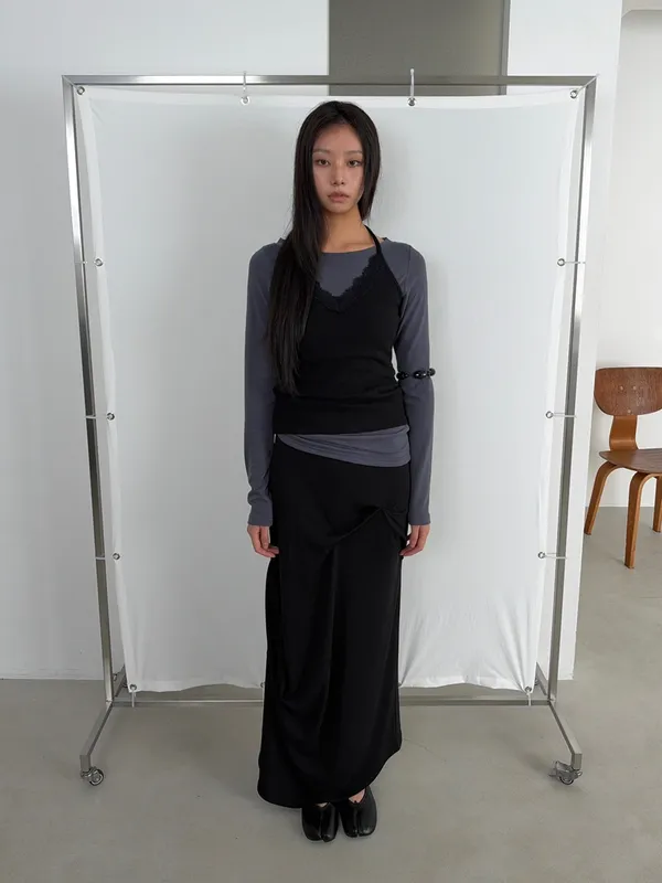Elegant Black Slip Dress with Long Sleeve Top