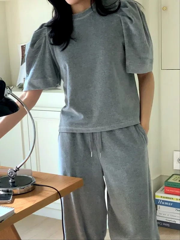 時尚舒適灰色泡泡袖上衣