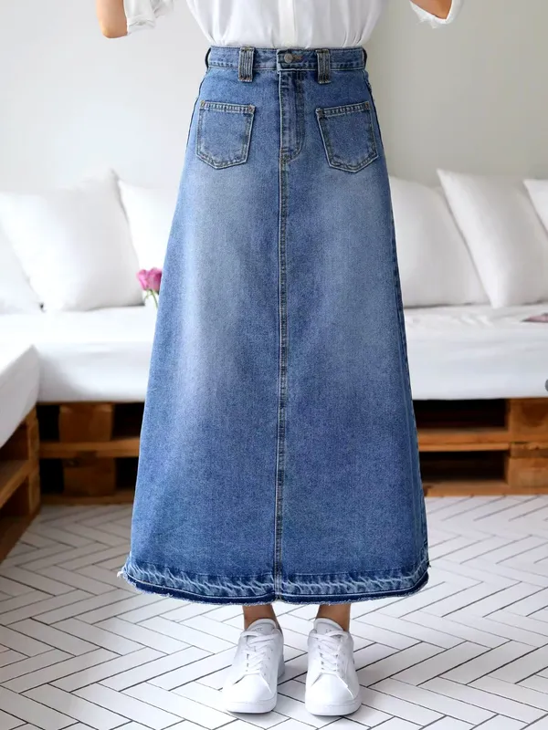 Stylish High-Waisted Denim Maxi Skirt - Show Off Your Elegant Charm