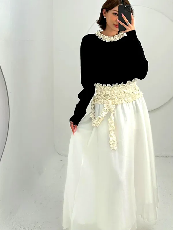 Elegant Lace Trim Midi Skirt, Showcasing Charming Elegance