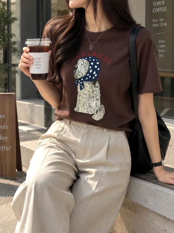 Cute Dog Print Short Sleeve T-Shirt, Casual and Versatile