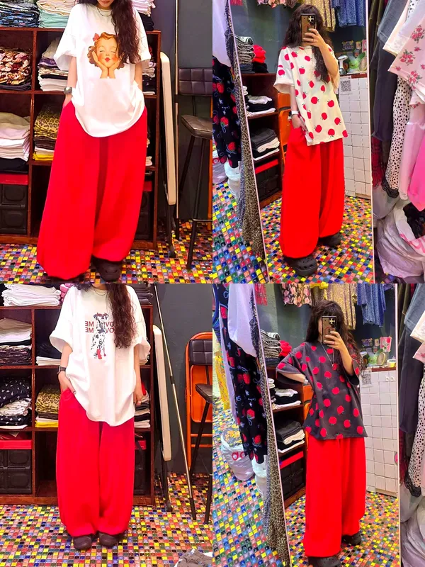 Trendy Loose Red Women's Pants - Comfortable and Versatile