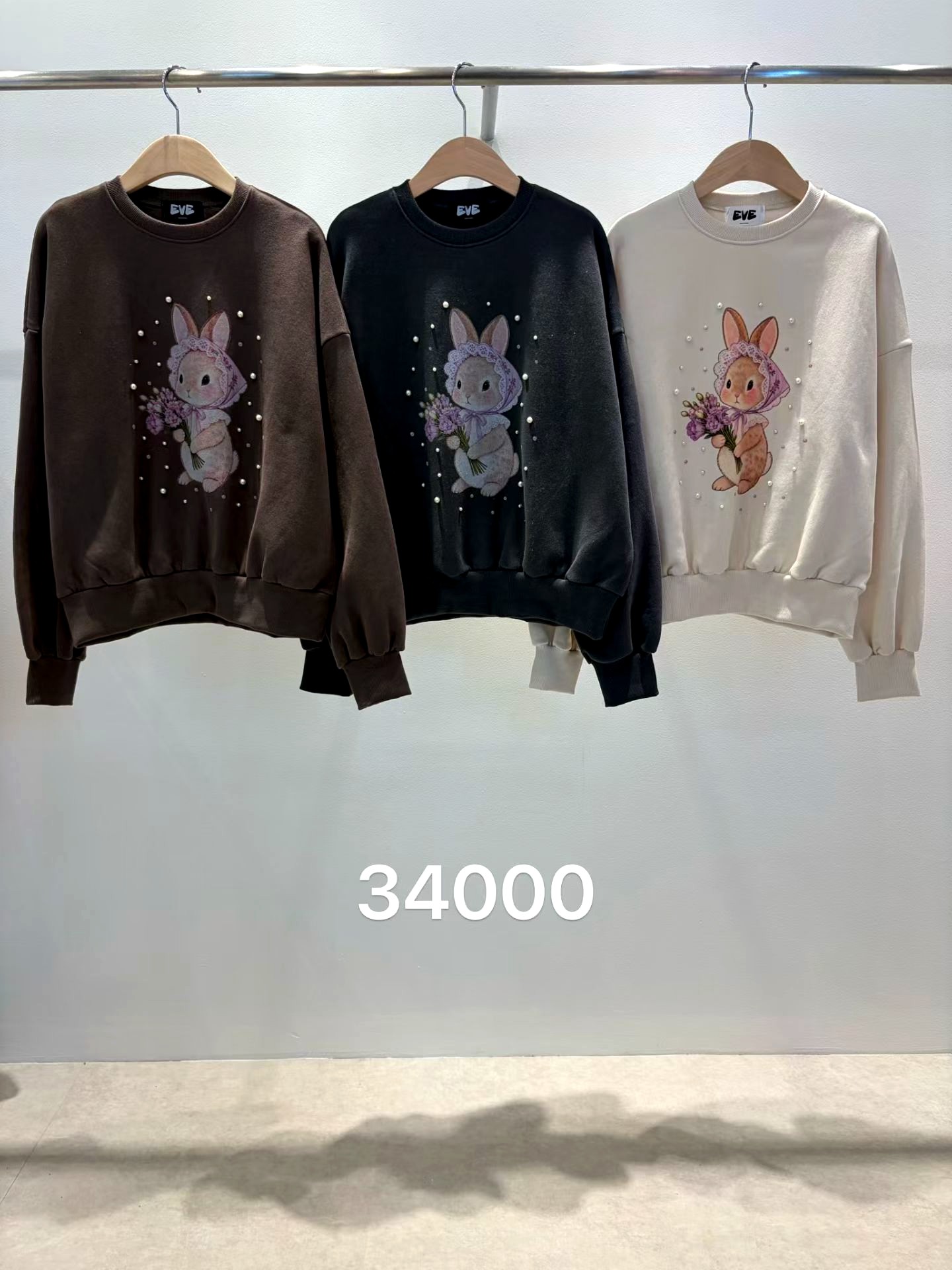 귀여운 토끼 패턴 루즈핏 티셔츠, 편안한 캐주얼 스타일