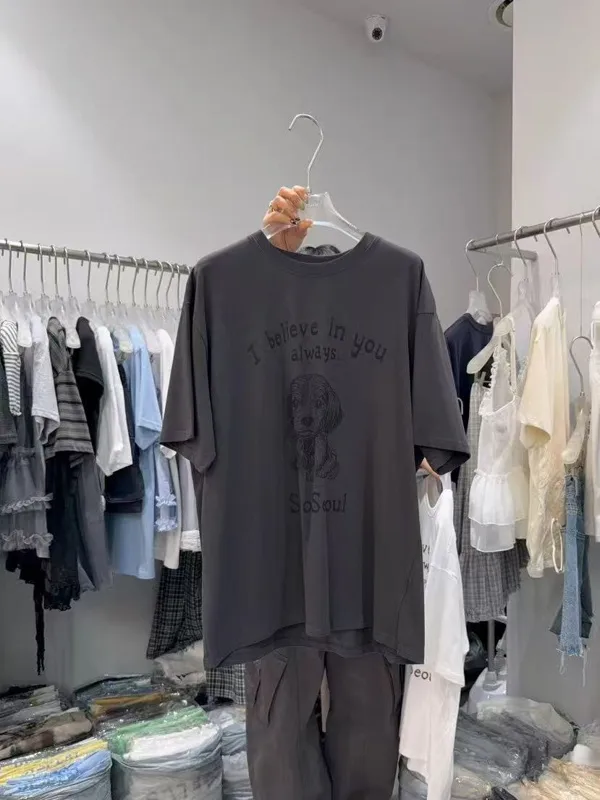 Cute Dog Print Loose T-Shirt, Comfortable Casual Style