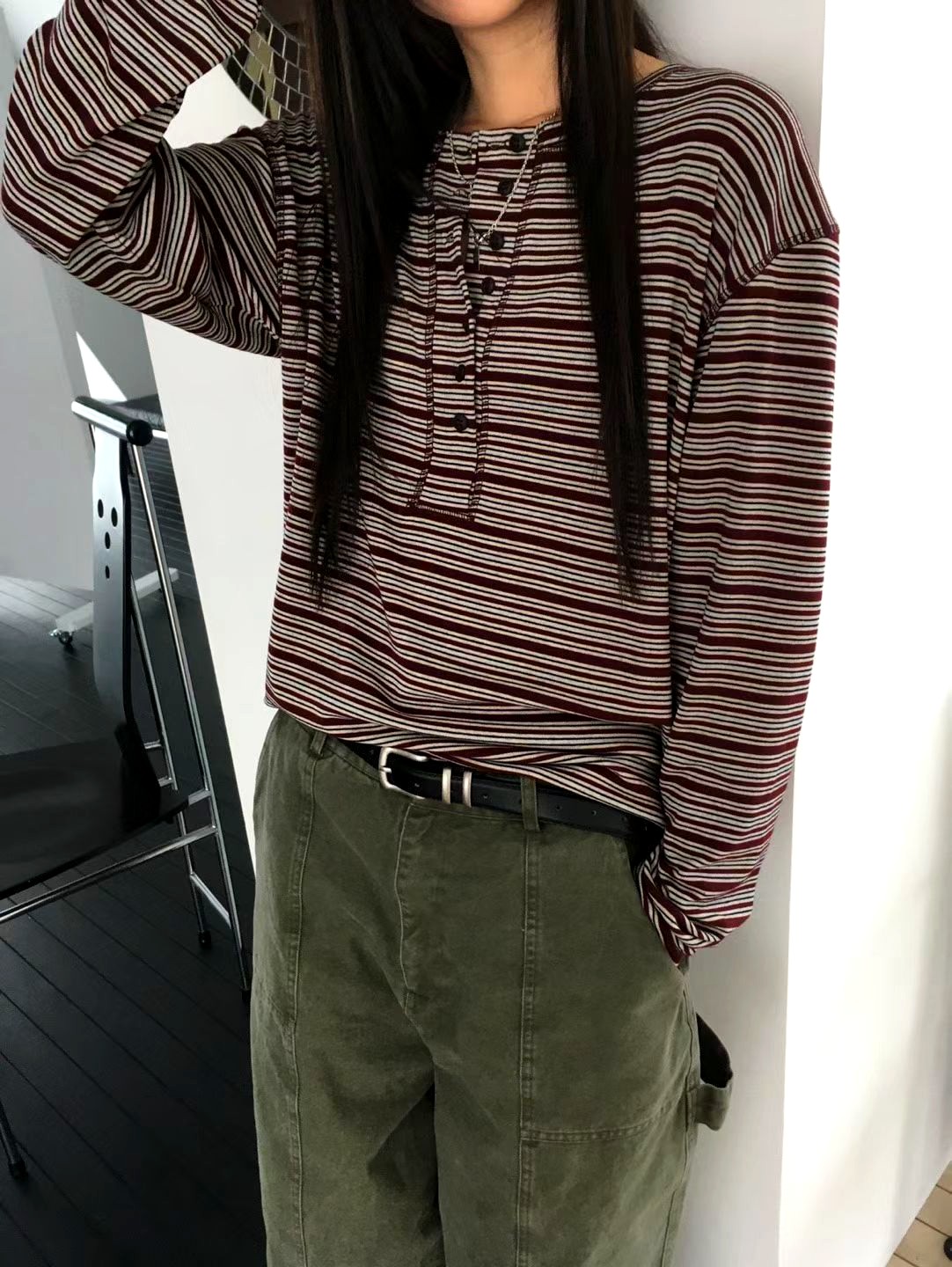 스트라이프 긴팔 상의, 패셔너블 캐주얼 스타일