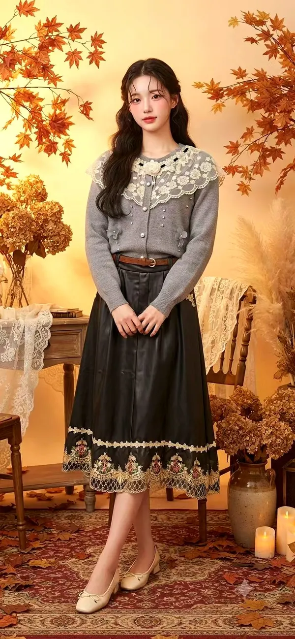 Elegant Lace-Trimmed Knit Sweater, Warm and Stylish