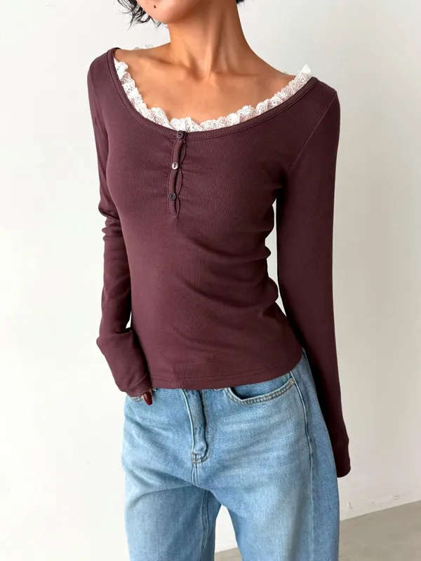 Lace Trim Long Sleeve Fitted Top