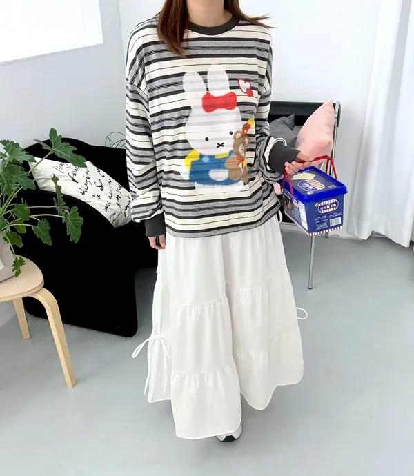 เสื้อยืดลายการ์ตูนน่ารัก ลายทาง สไตล์สบายๆ