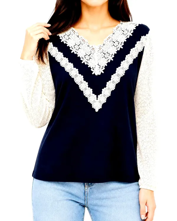 Elegant Lace-Panel Women's Top, Fashionable and Casual