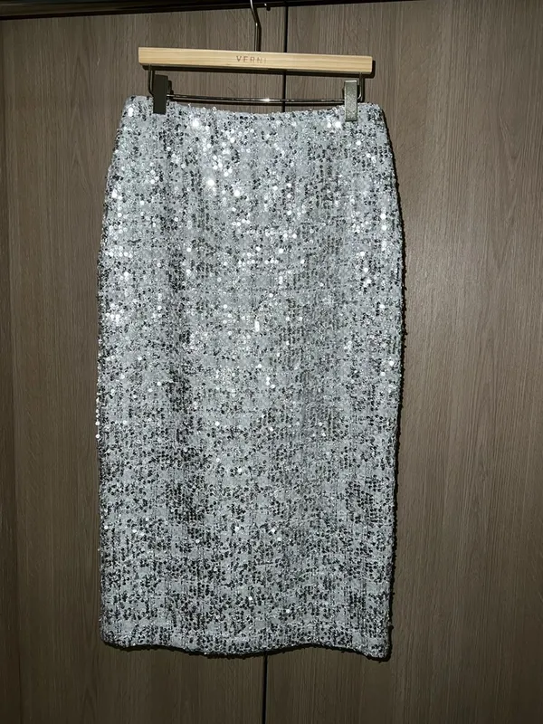Shiny Silver Sequin Midi Skirt, Fashionably Elegant