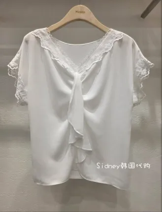 Elegant Lace Trim V-Neck White Top, Lightweight and Breathable
