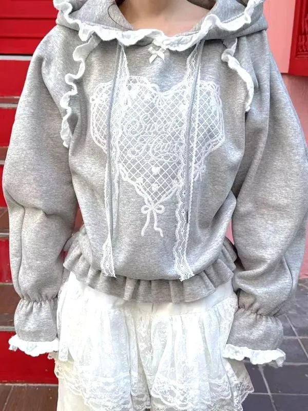 Chic Gray Sweatshirt with Sweet Lace Details - Stylish Casual Women's Top