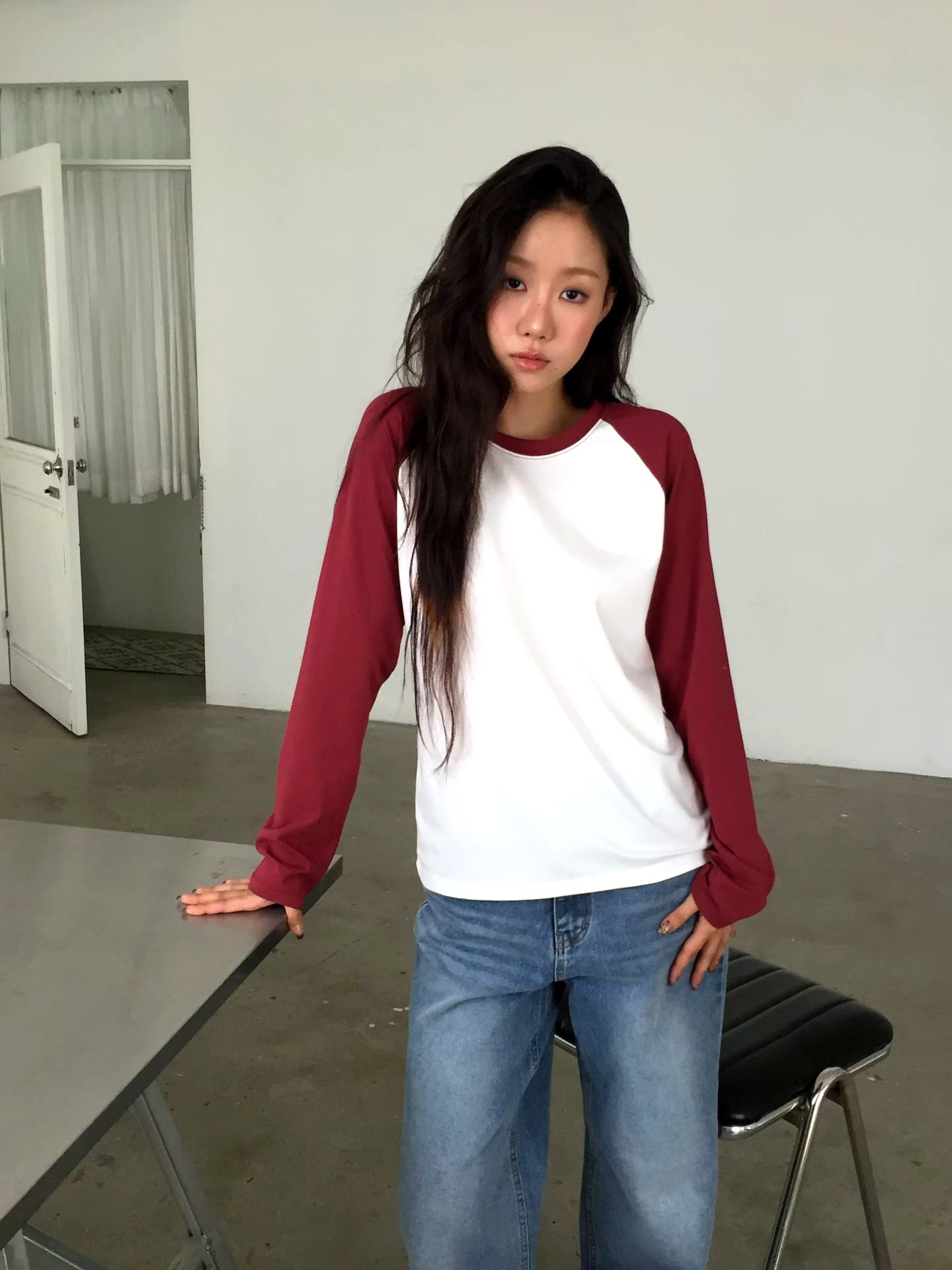 패셔너블 컬러 블록 긴팔 티셔츠, 편안하고 다재다능