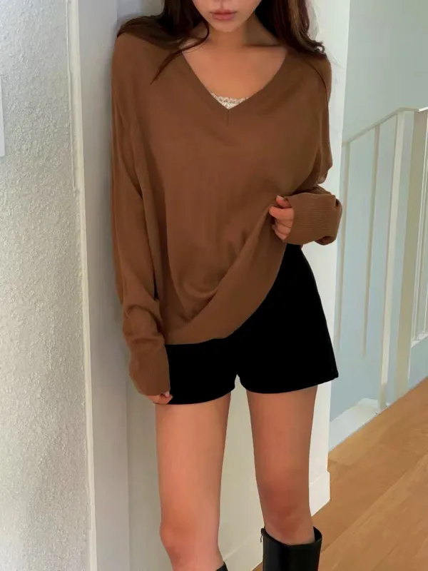 Fashionable Loose V-Neck Knitted Top, Comfortable and Versatile
