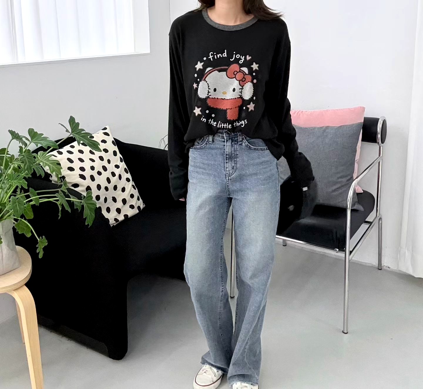 귀여운 만화 프린트 긴팔 티셔츠, 편안하고 다재다능