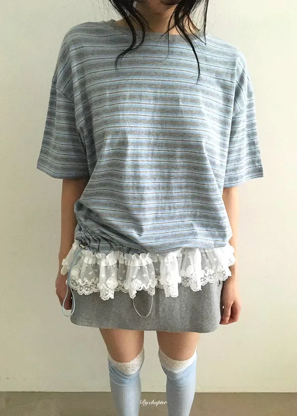 Striped Lace Trim Short Sleeve Top - Fashionable Casual Style