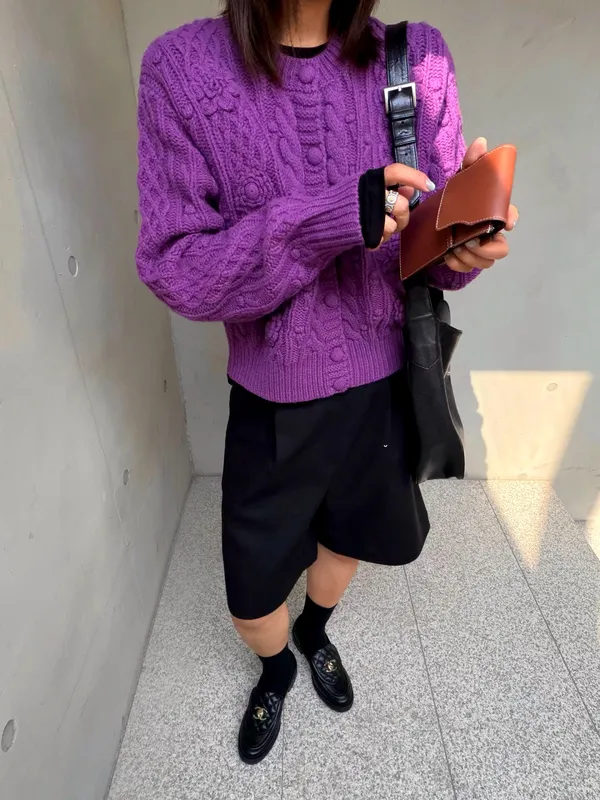 Stylish Purple Floral Knit Top, Warm and Comfortable