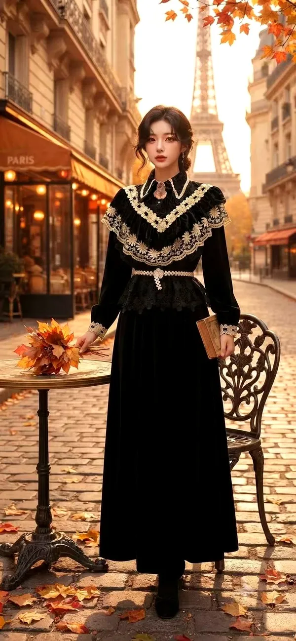 Elegant Vintage Women's Dress with Lace Decoration, Perfect for Autumn and Winter