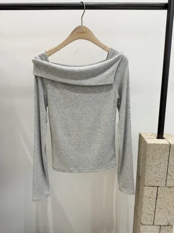 Elegant Gray Long Sleeve Top with Off-Shoulder Design, Fashionable and Versatile