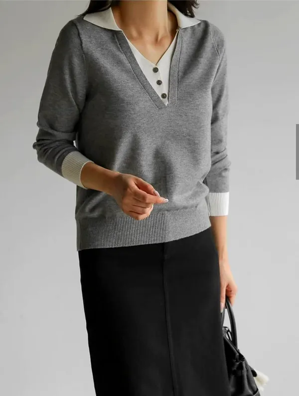 Stylish Gray V-Neck Knit Top, Comfortable and Versatile