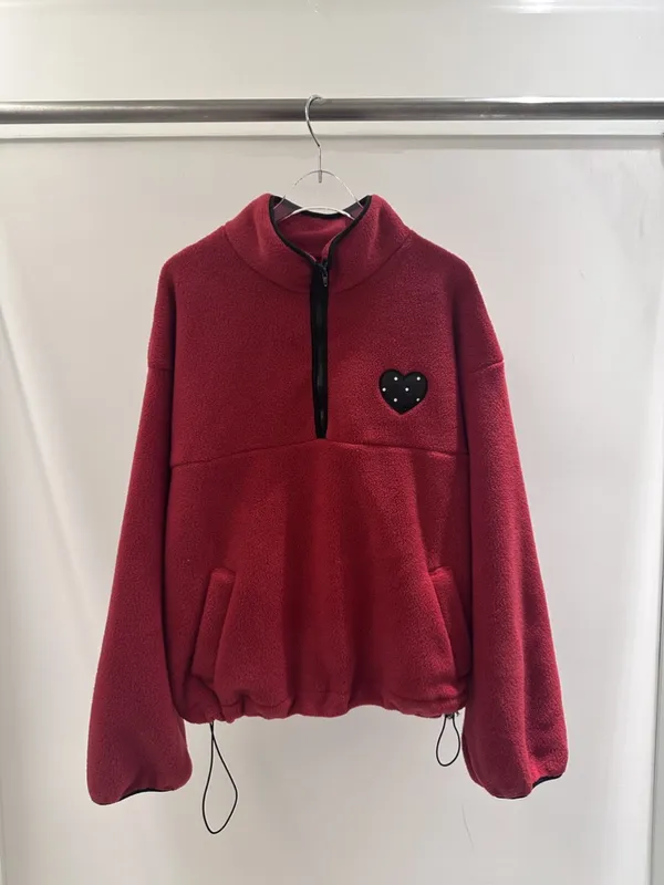 Stylish Red Heart-Shaped Embroidered Fleece Jacket