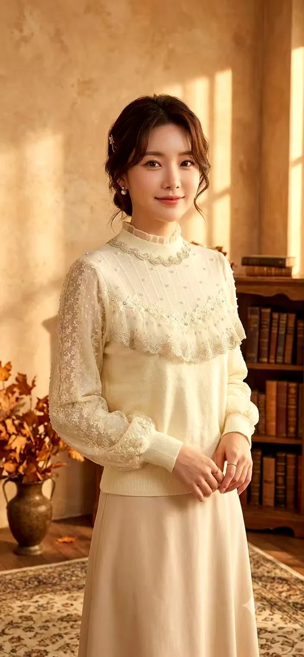 เสื้อไหมพรมที่มีเสน่ห์และเรียบหรู ดีไซน์ลูกไม้ที่ละเอียดในโทนสีอ่อน