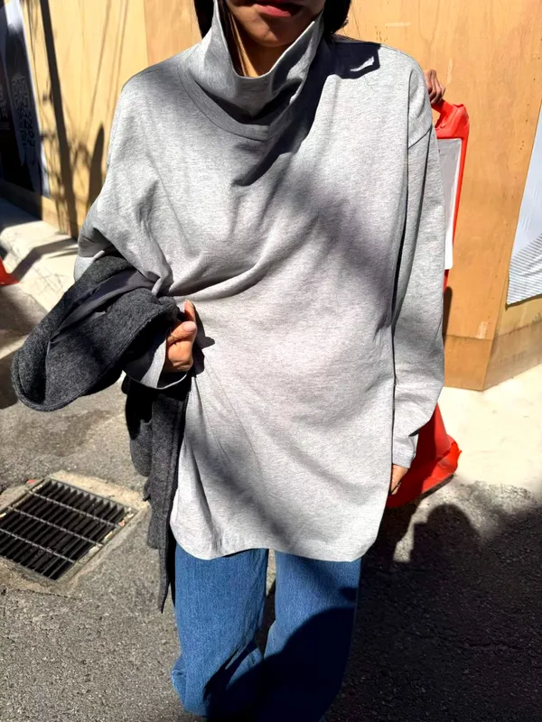 Minimalist Gray Turtleneck Tee, Comfortable and Versatile