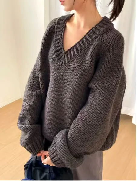 Chic Loose V-Neck Sweater, Warm and Comfortable by maybebaby maybebaby 46061
